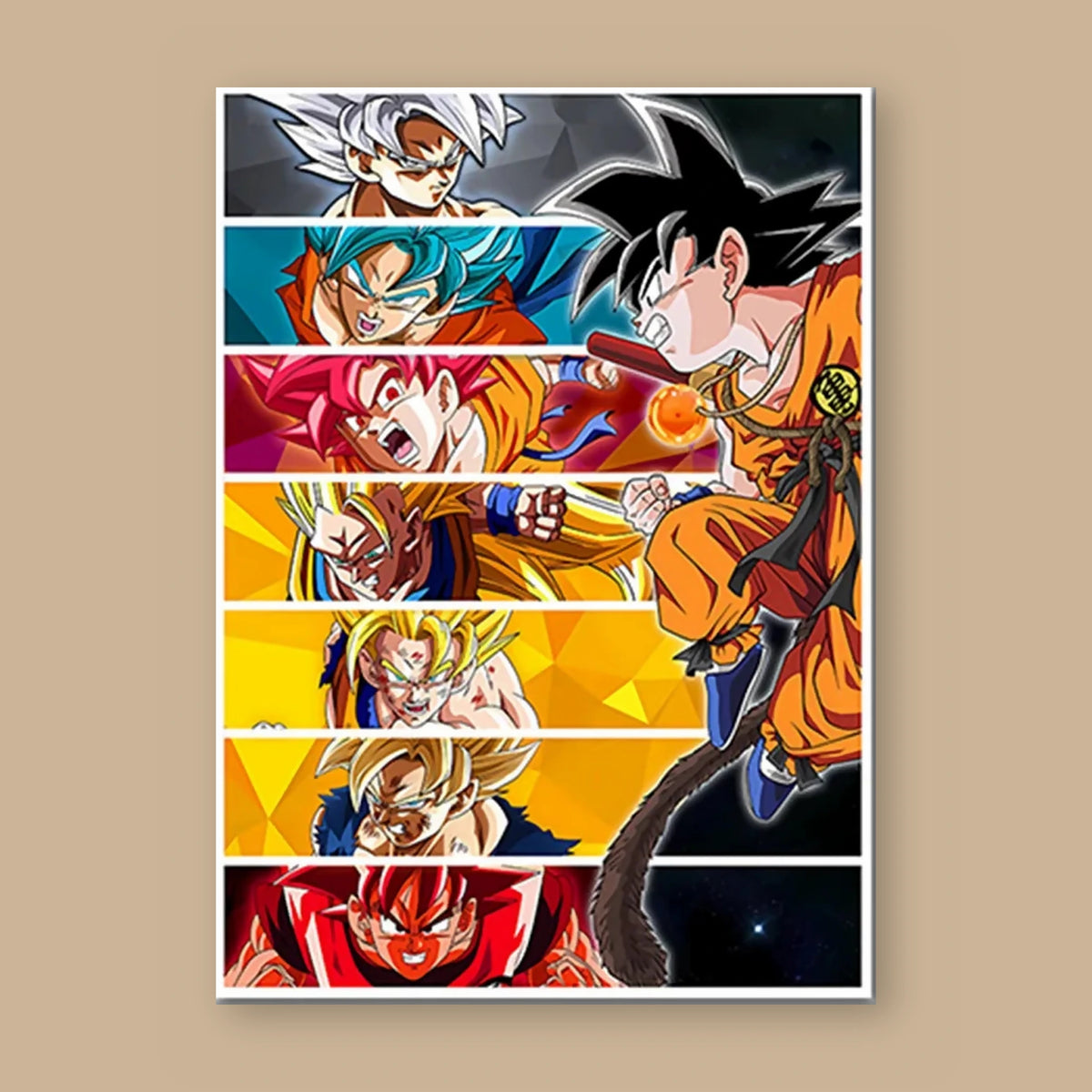 Poster Dragon Ball Son Goku — grille et queue de singe, vu à plat sur fond uni : illustration numérique contemporaine, imprimé sur toile mate et livré sans cadre