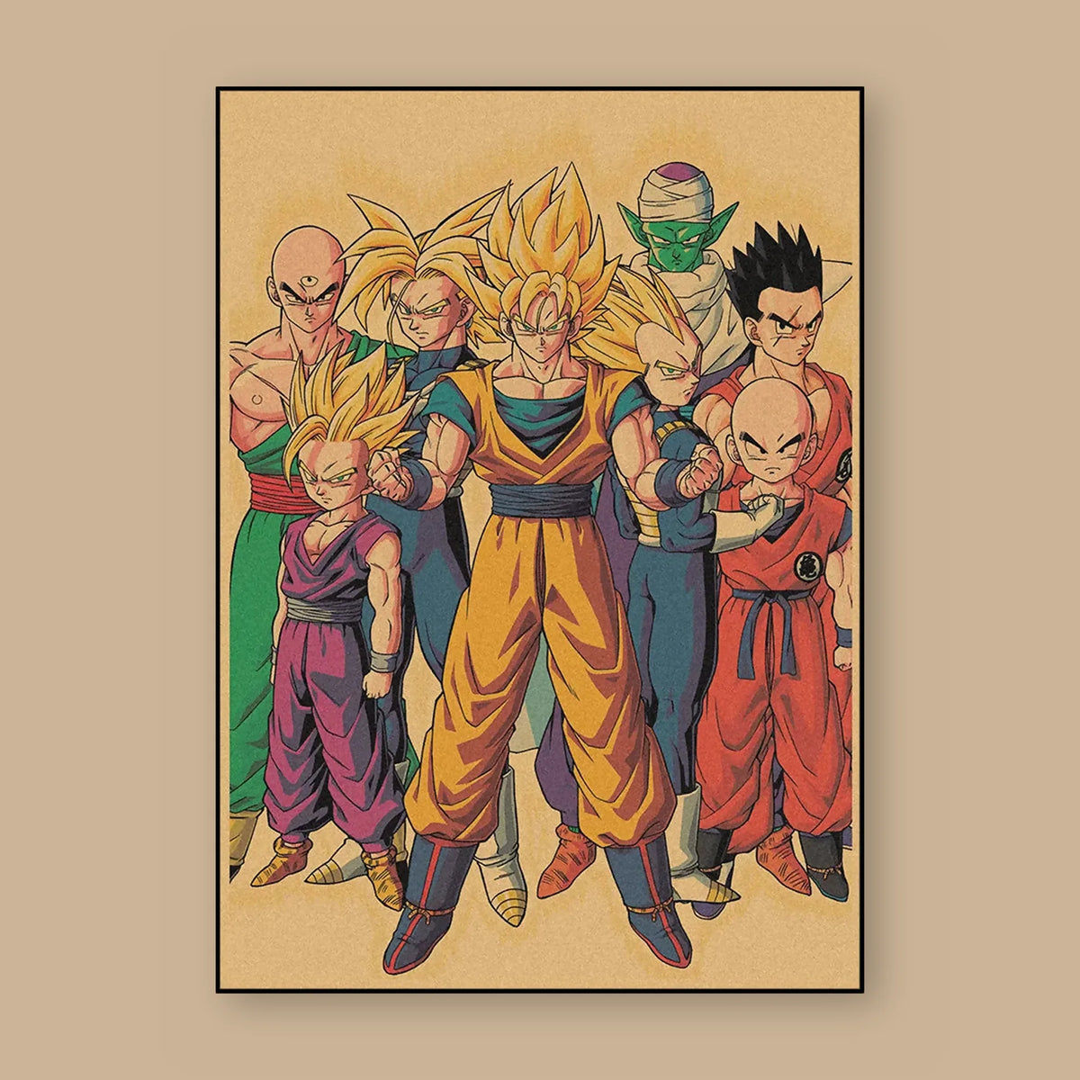 Poster Dragon Ball Les guerriers Z — alignement des guerriers Z, vu à plat sur fond uni : illustration rétro, fond papier kraft, imprimé sur toile mate et livré sans cadre