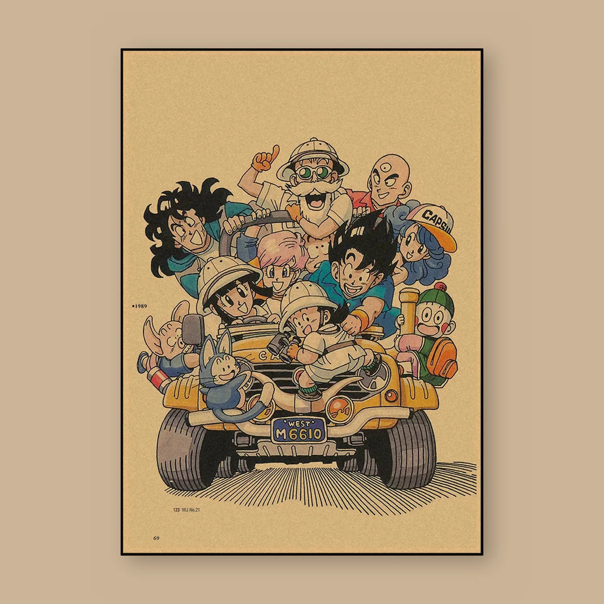 Poster Dragon Ball Toute la bande — la jeep de 1989, vu à plat sur fond uni : illustration rétro, fond papier kraft, imprimé sur toile mate et livré sans cadre