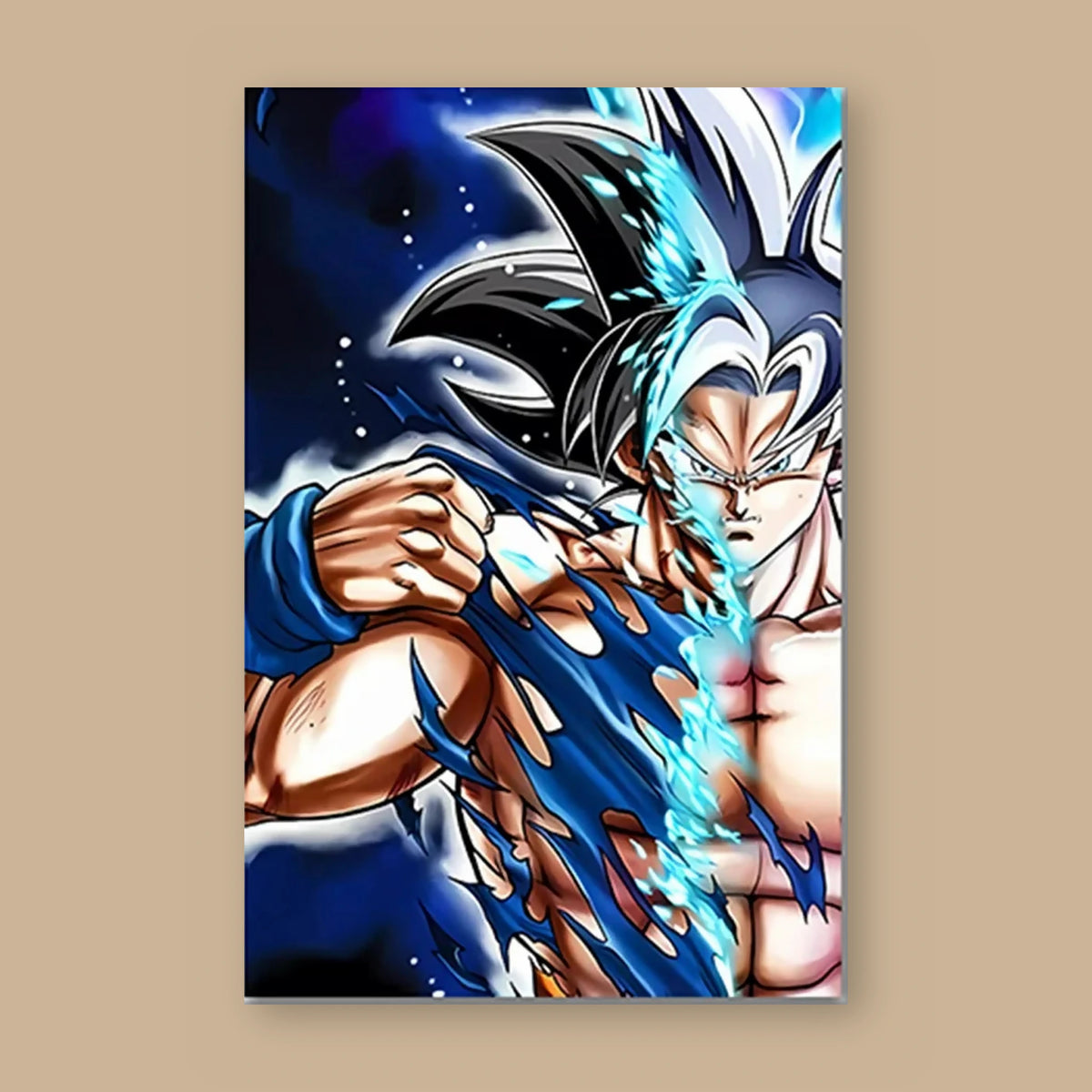 Poster Dragon Ball Son Goku — moitié base, moitié Ultra Instinct, vu à plat sur fond uni : illustration numérique contemporaine, imprimé sur toile mate et livré sans cadre