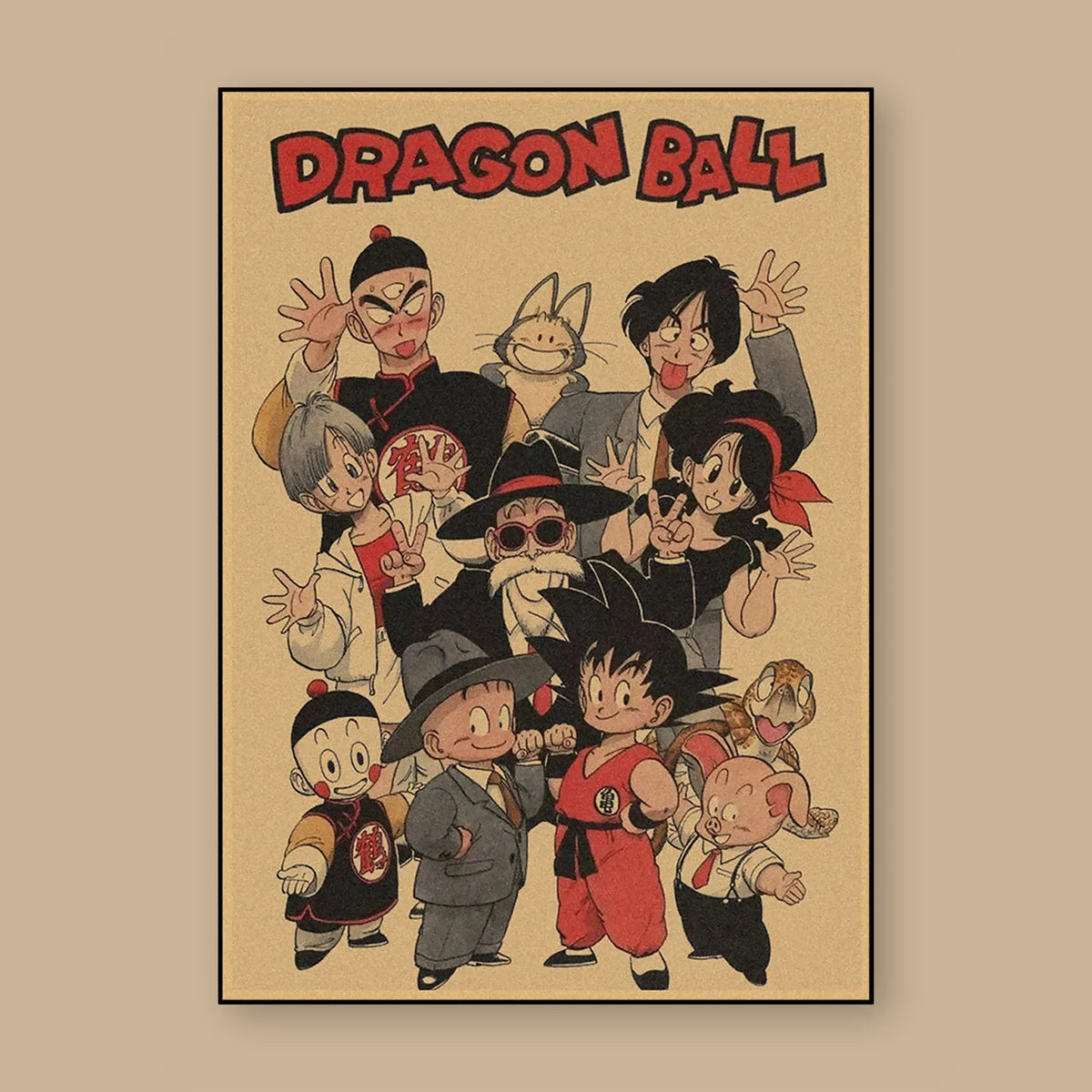 Poster Dragon Ball La bande des débuts — photo de groupe des débuts, vu à plat sur fond uni : illustration rétro, fond papier kraft, imprimé sur toile mate et livré sans cadre