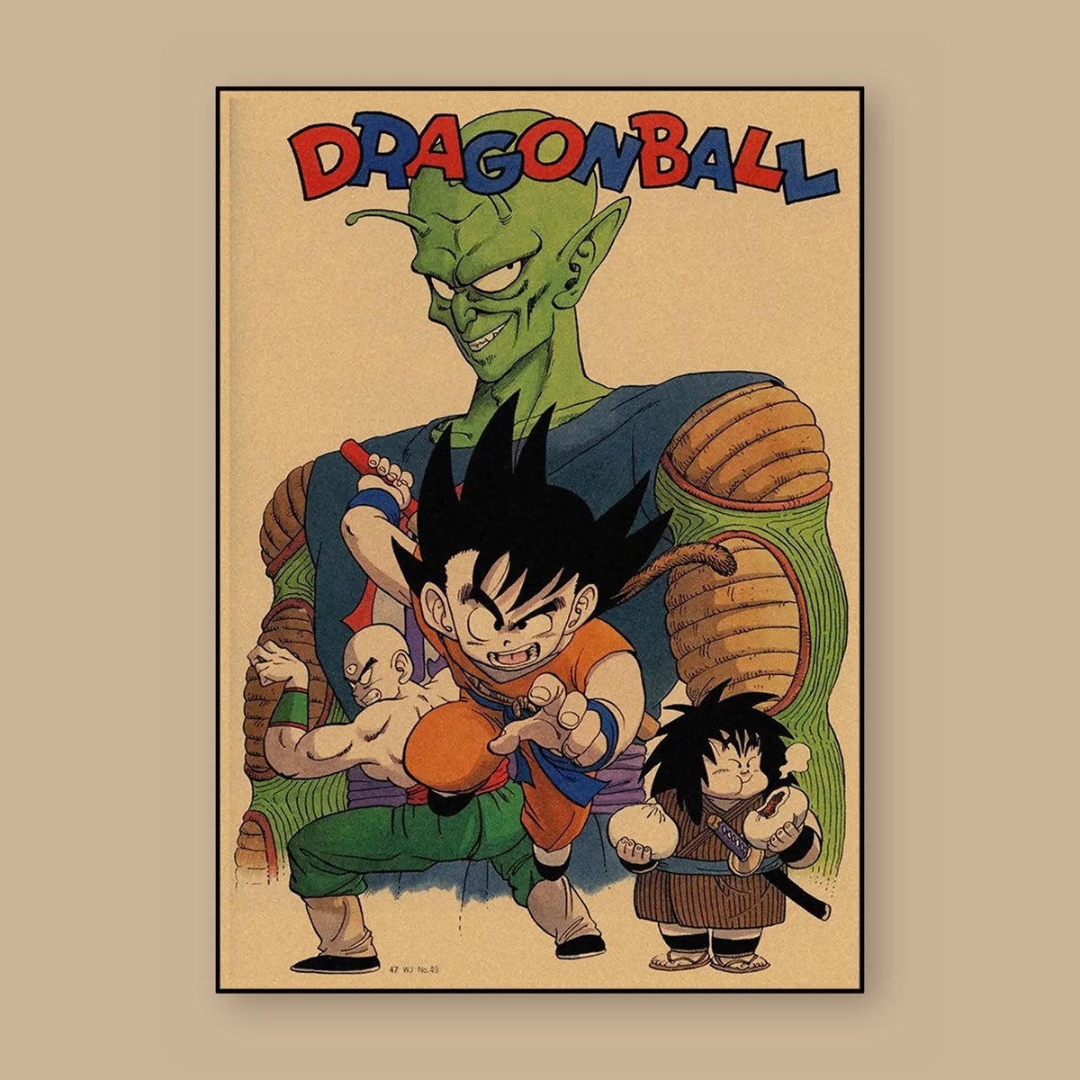 Poster Dragon Ball Piccolo, Goku, Krilin — Piccolo en surplomb, vu à plat sur fond uni : illustration rétro, fond papier kraft, imprimé sur toile mate et livré sans cadre