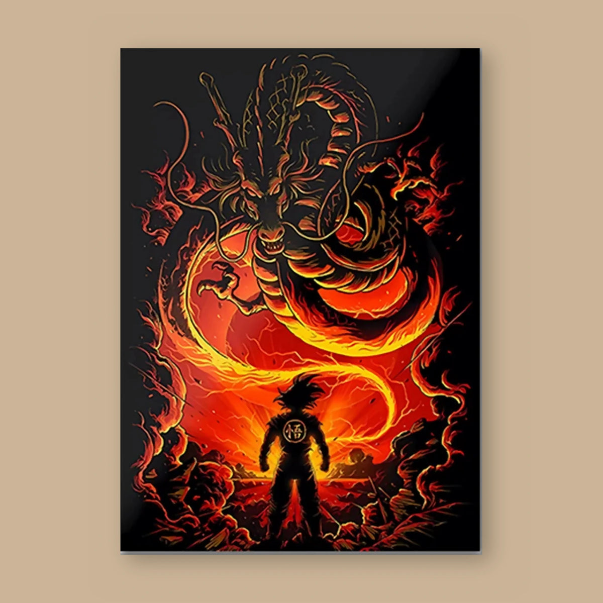 Poster Dragon Ball Shenron — dragon de feu, vu à plat sur fond uni : illustration numérique contemporaine, imprimé sur toile mate et livré sans cadre