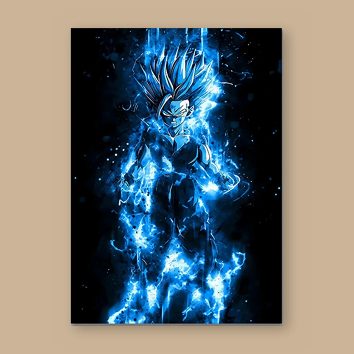 Poster Dragon Ball Un guerrier saiyan — néon bleu sur noir, vu à plat sur fond uni : illustration numérique contemporaine, imprimé sur toile mate et livré sans cadre