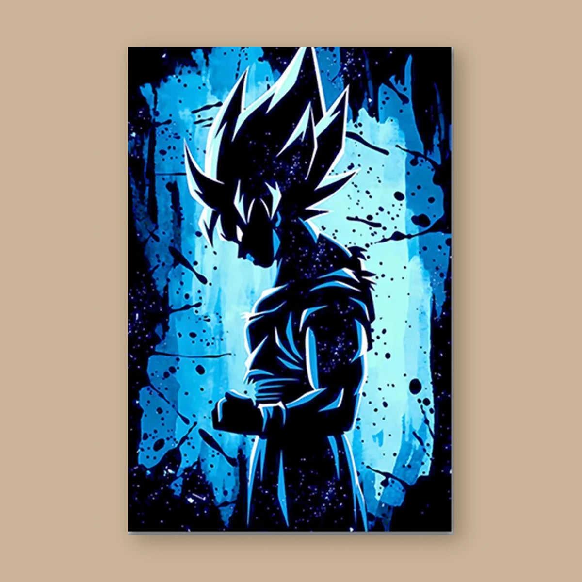 Poster Dragon Ball Son Goku — pochoir bleu, vu à plat sur fond uni : illustration numérique contemporaine, imprimé sur toile mate et livré sans cadre