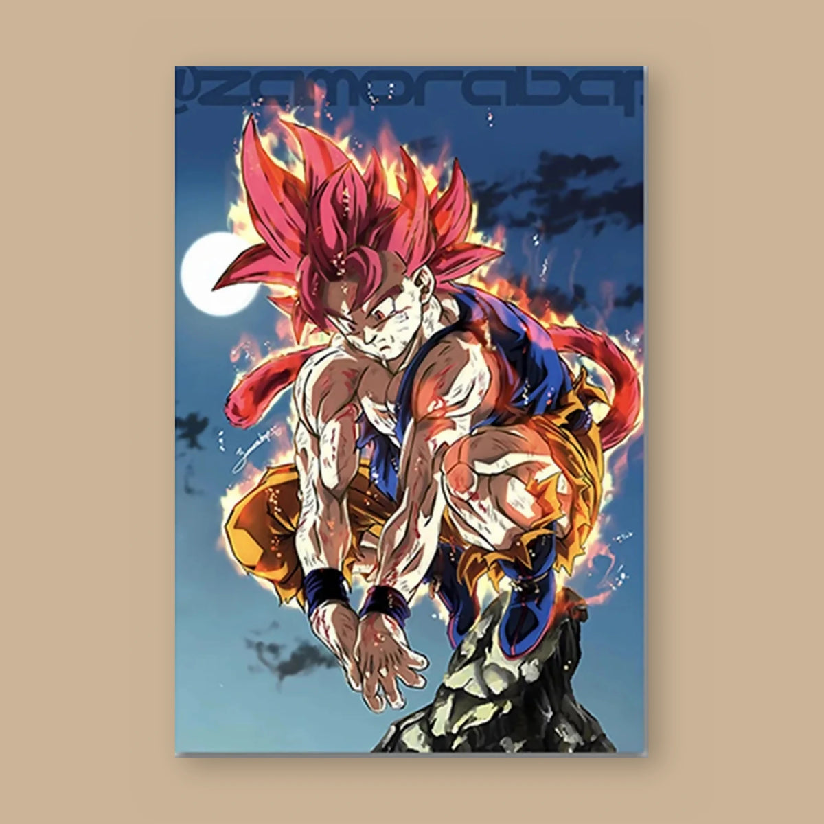 Poster Dragon Ball Son Goku — Super Saiyan God, vu à plat sur fond uni : illustration numérique contemporaine, imprimé sur toile mate et livré sans cadre