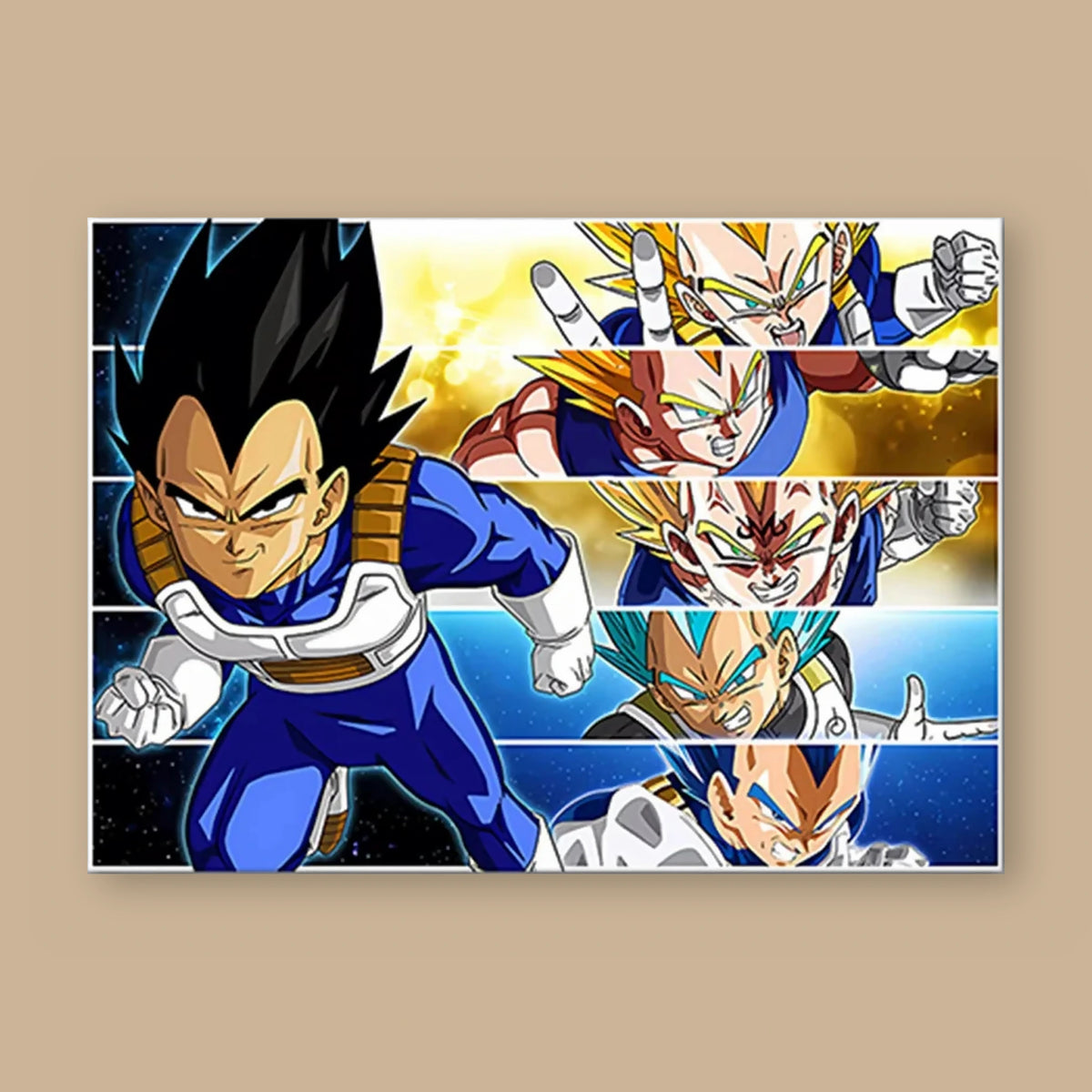 Poster Dragon Ball Vegeta — grille Vegeta, format paysage, vu à plat sur fond uni : illustration numérique contemporaine, imprimé sur toile mate et livré sans cadre