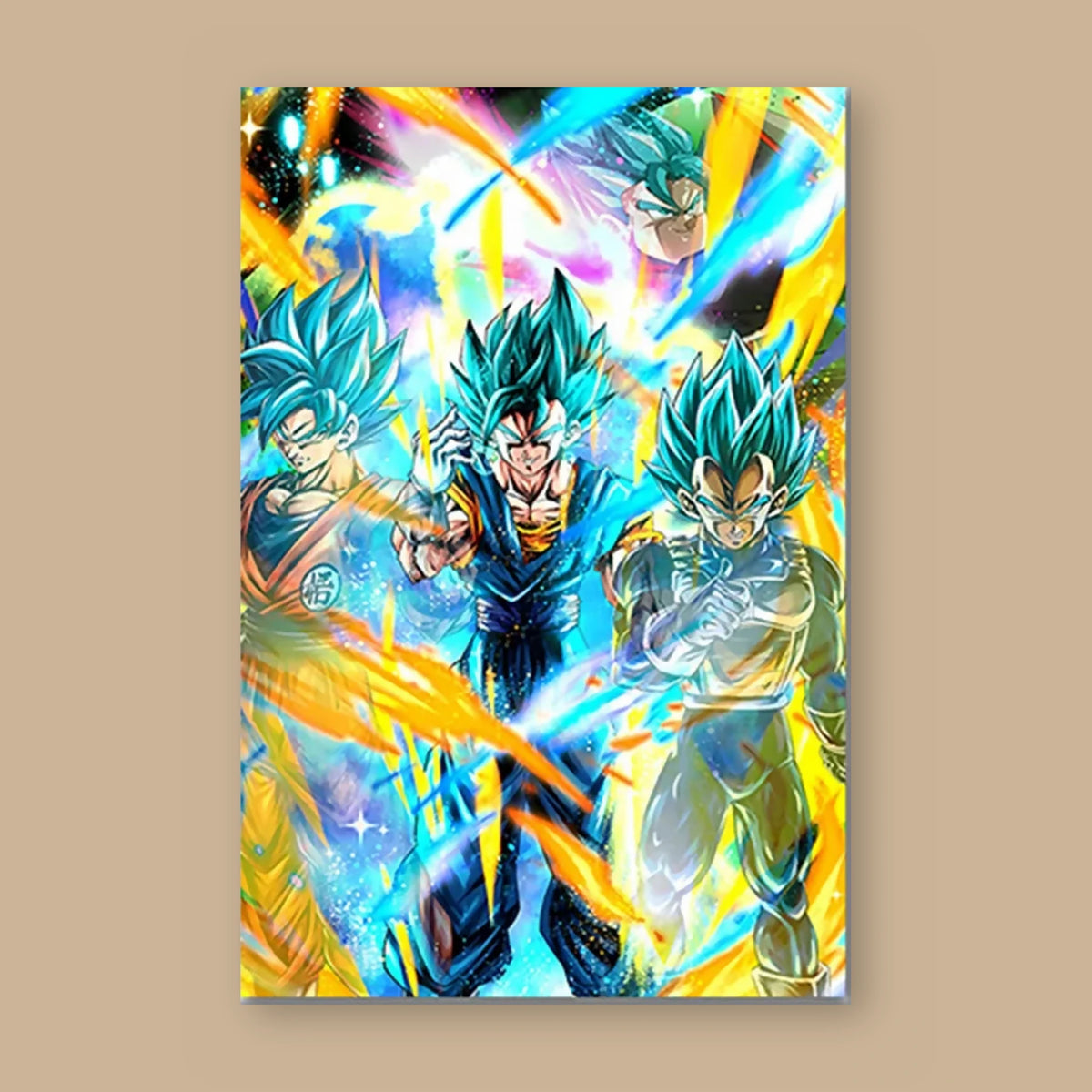 Poster Dragon Ball Vegetto, Gogeta, Vegeta — le trio Blue, vu à plat sur fond uni : illustration numérique contemporaine, imprimé sur toile mate et livré sans cadre