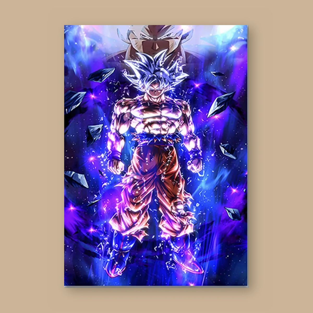 Poster Dragon Ball Son Goku — fond cosmique violet, vu à plat sur fond uni : illustration numérique contemporaine, imprimé sur toile mate et livré sans cadre