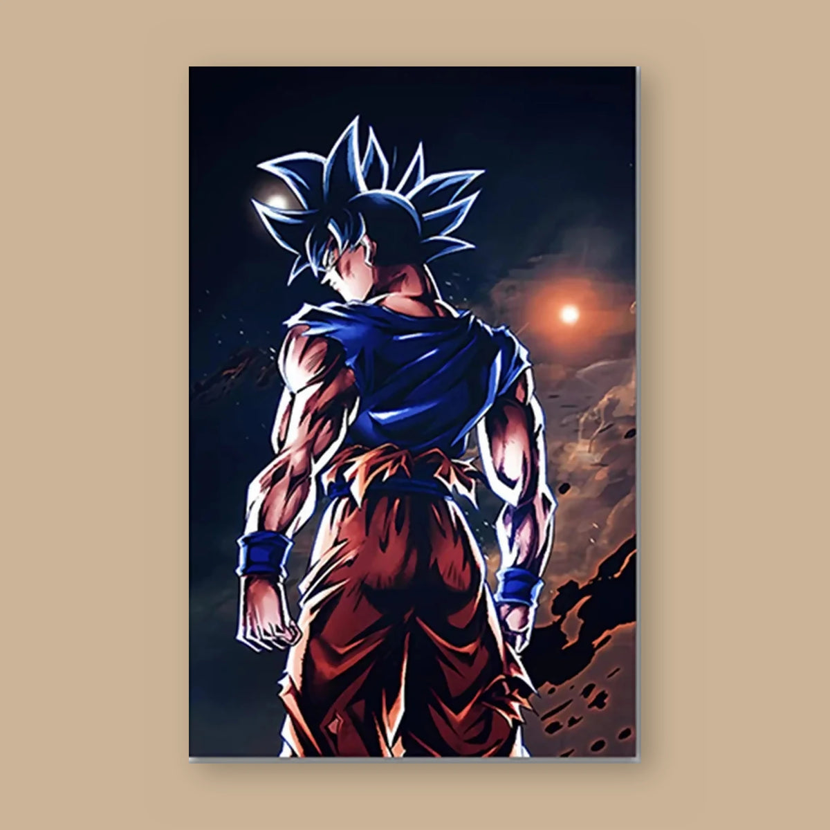 Poster Dragon Ball Son Goku — de dos, ciel sombre, vu à plat sur fond uni : illustration numérique contemporaine, imprimé sur toile mate et livré sans cadre