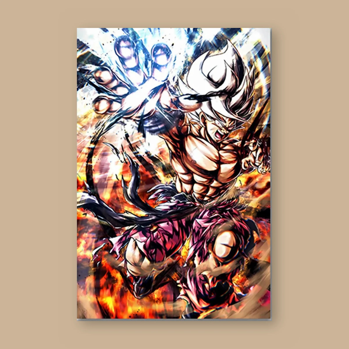 Poster Dragon Ball Son Goku — encre et flammes, vu à plat sur fond uni : illustration numérique contemporaine, imprimé sur toile mate et livré sans cadre