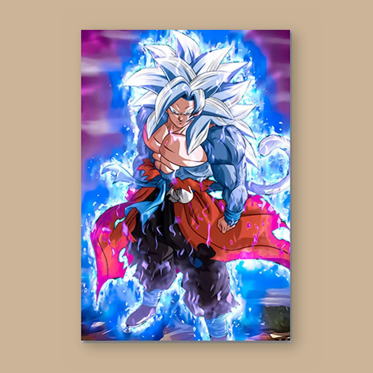 Poster Dragon Ball Son Goku — Ultra Instinct maîtrisé, vu à plat sur fond uni : illustration numérique contemporaine, imprimé sur toile mate et livré sans cadre