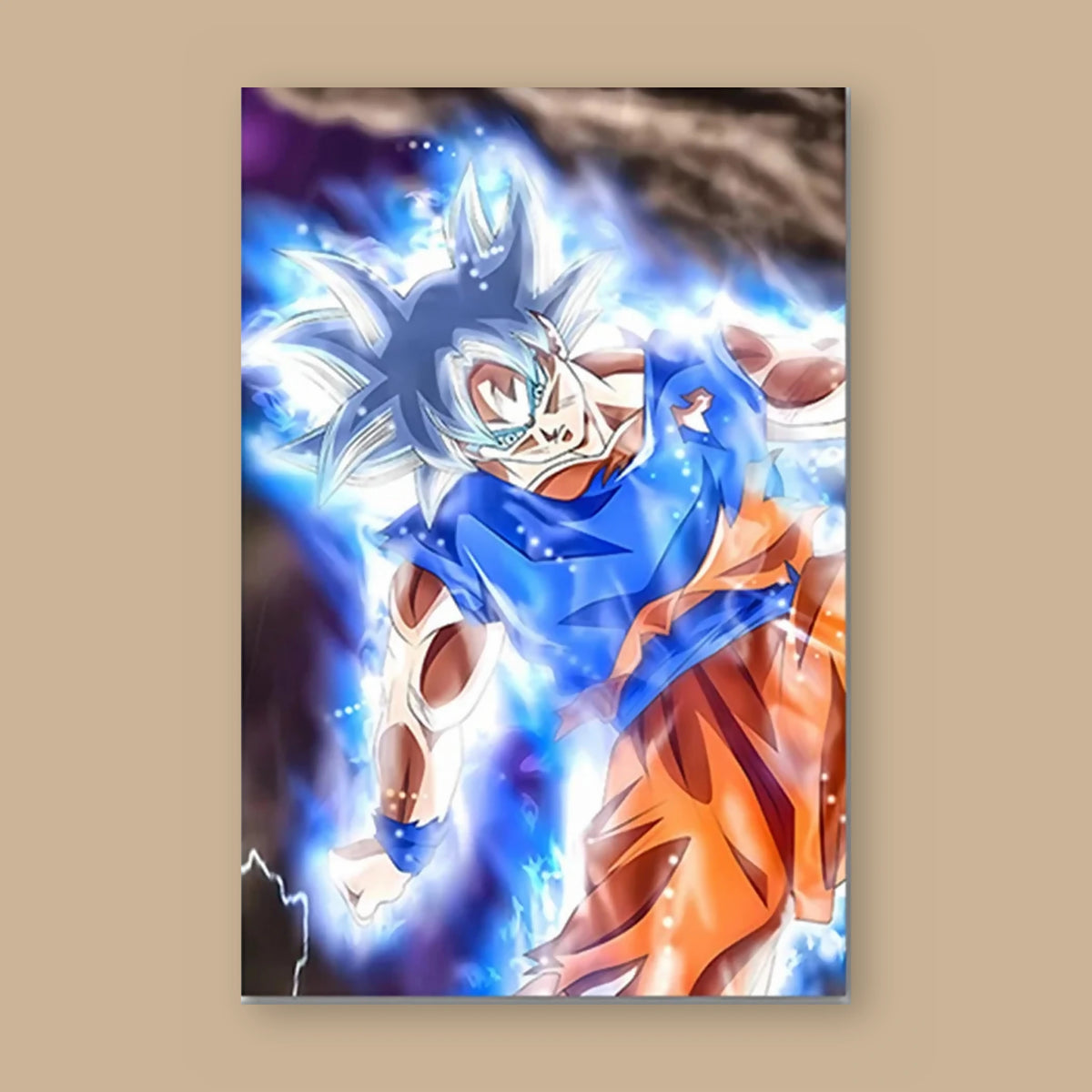Poster Dragon Ball Son Goku — Ultra Instinct en mouvement, vu à plat sur fond uni : illustration numérique contemporaine, imprimé sur toile mate et livré sans cadre