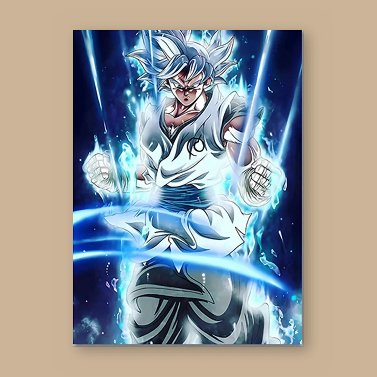 Poster Dragon Ball Son Goku — poings serrés, kimono blanc, vu à plat sur fond uni : illustration numérique contemporaine, imprimé sur toile mate et livré sans cadre