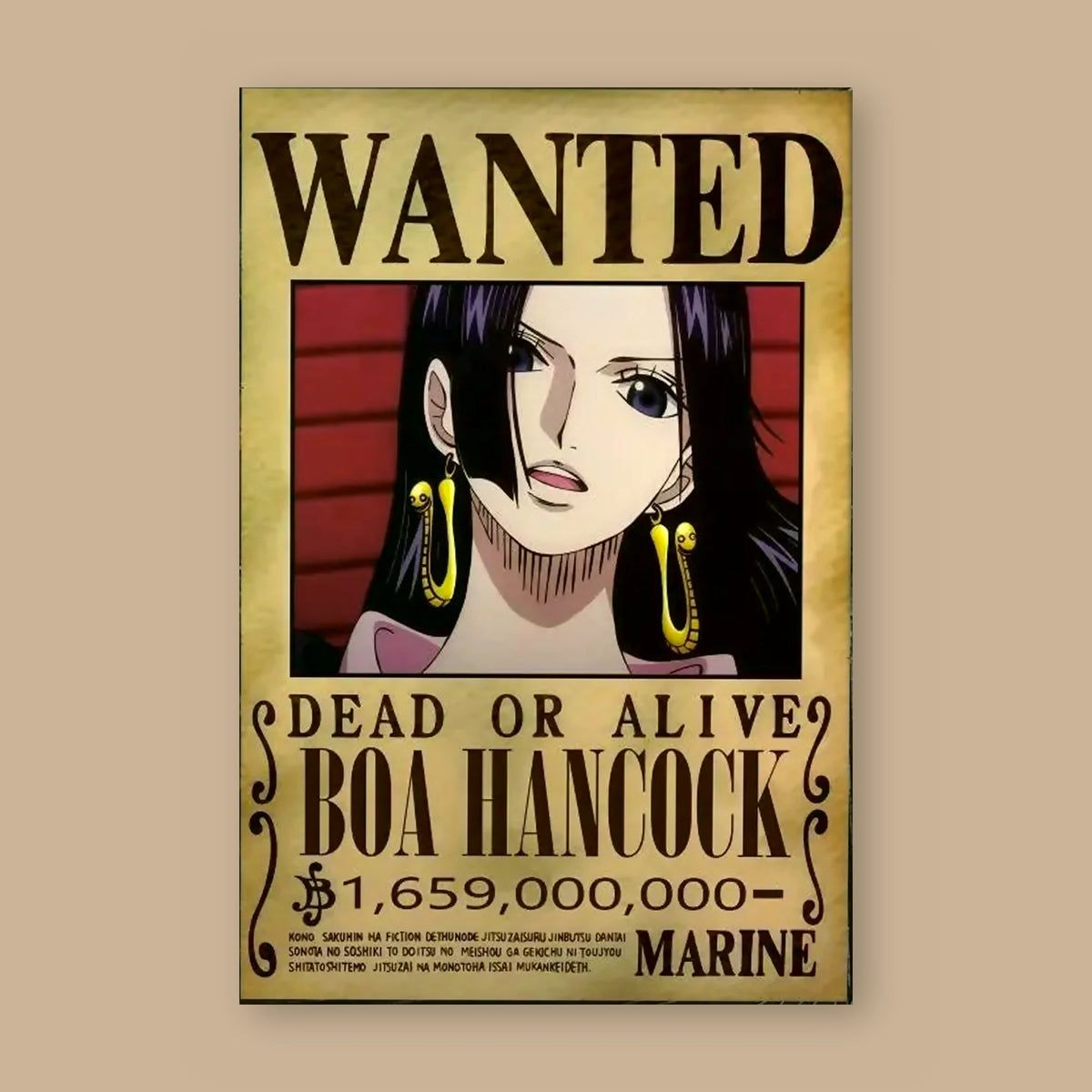 Affiche One Piece WANTED de Boa Hancock à plat : papier kraft, titre WANTED, portrait du personnage, mention DEAD OR ALIVE et prime de 1 659 000 000 berrys