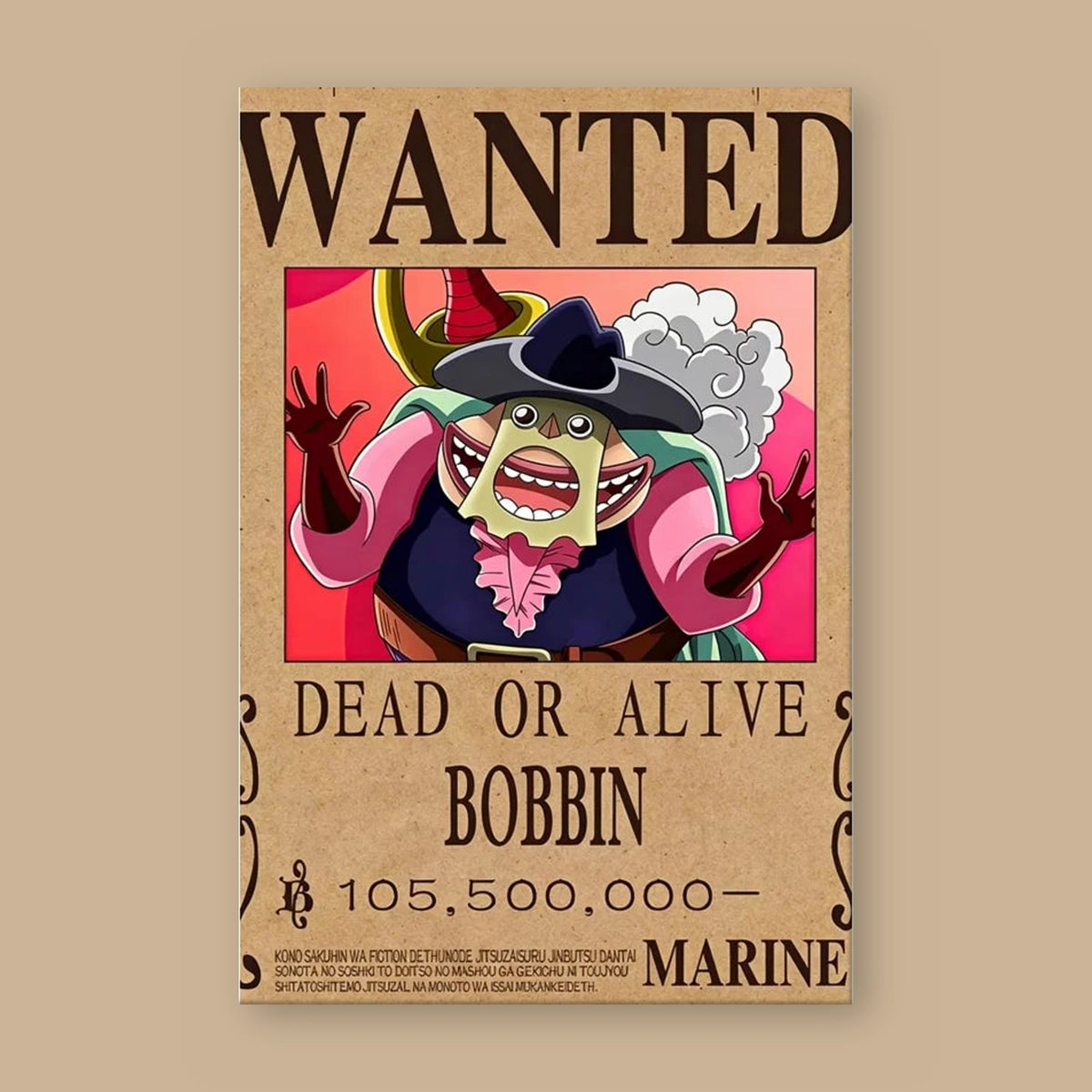 Affiche One Piece WANTED de Bobbin à plat : papier kraft, titre WANTED, portrait du personnage, mention DEAD OR ALIVE et prime de 105 500 000 berrys