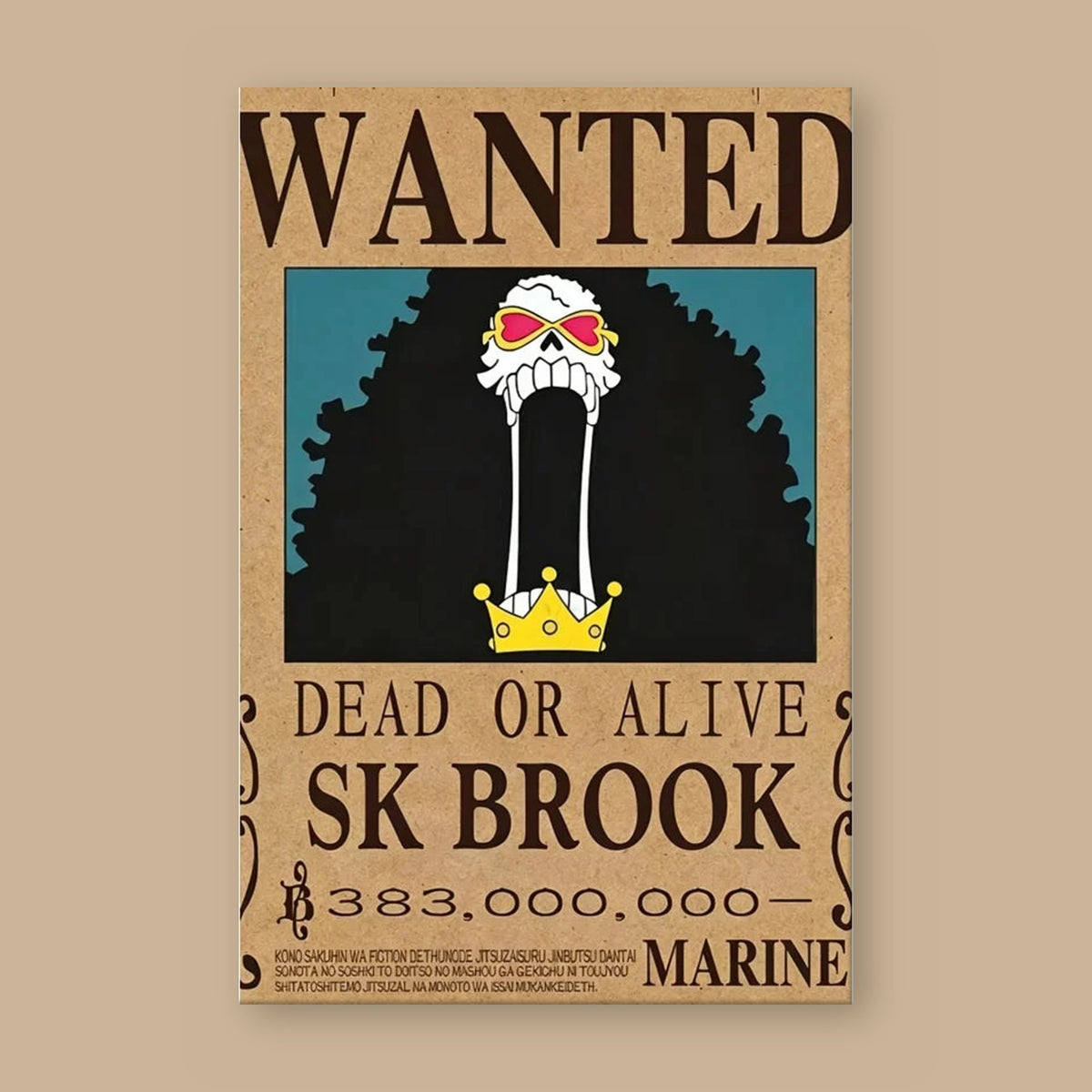 Affiche One Piece WANTED de Brook à plat : papier kraft, titre WANTED, portrait du personnage, mention DEAD OR ALIVE et prime de 383 000 000 berrys
