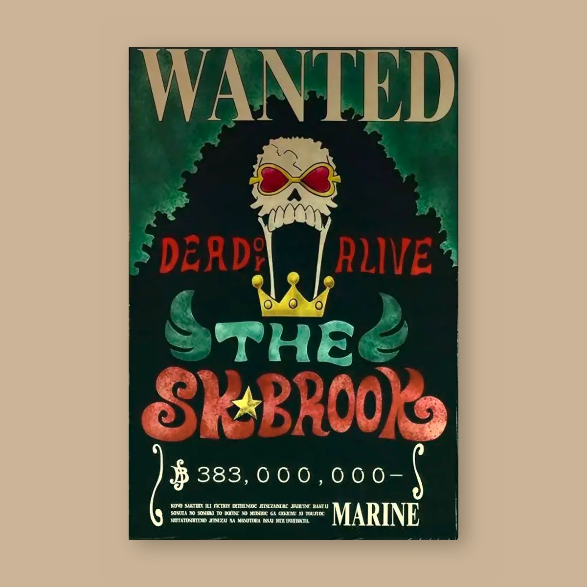 Affiche One Piece WANTED de Brook à plat : papier kraft, titre WANTED, portrait du personnage, mention DEAD OR ALIVE et prime de 383 000 000 berrys
