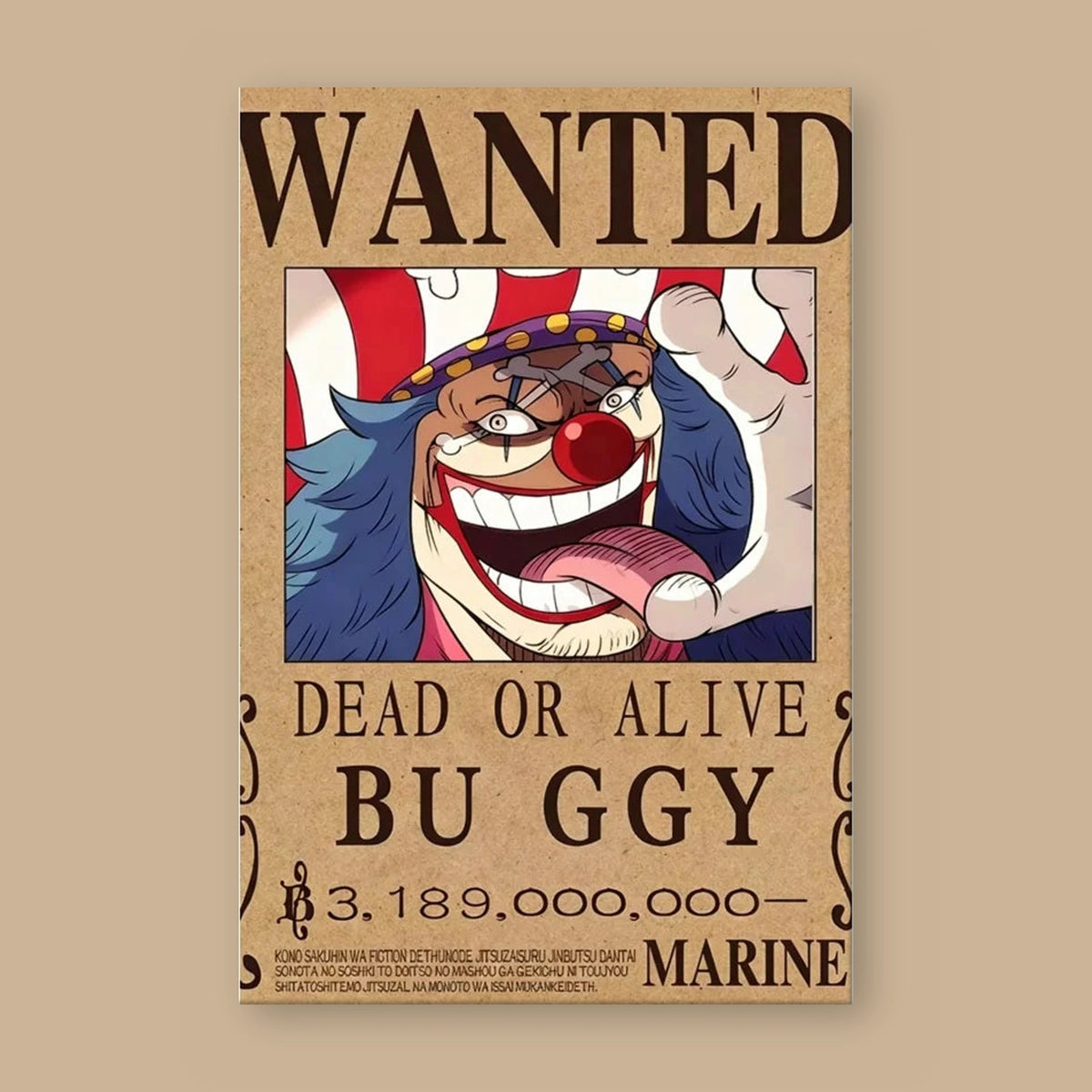 Affiche One Piece WANTED de Buggy à plat : papier kraft, titre WANTED, portrait du personnage, mention DEAD OR ALIVE et prime de 3 189 000 000 berrys
