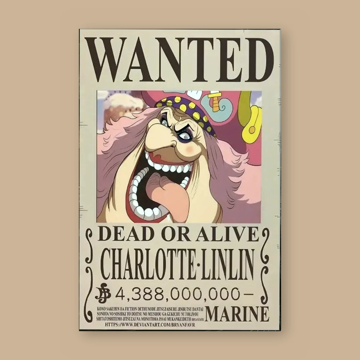 Affiche One Piece WANTED de Charlotte Linlin à plat : papier kraft, titre WANTED, portrait du personnage, mention DEAD OR ALIVE et prime de 4 388 000 000 berrys