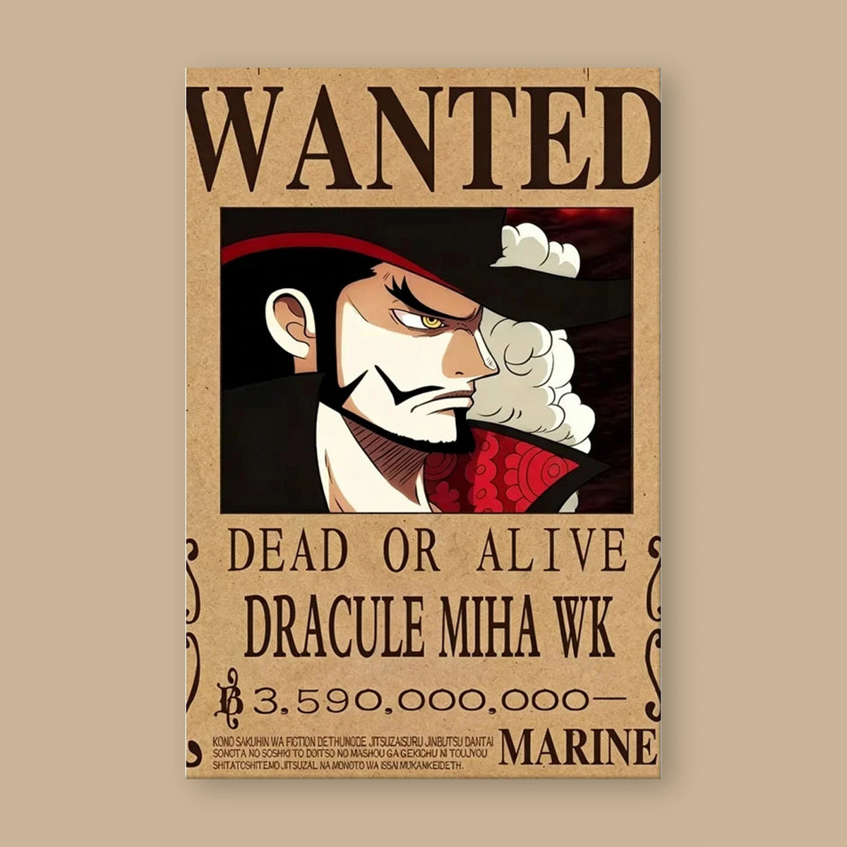 Affiche One Piece WANTED de Dracule Mihawk à plat : papier kraft, titre WANTED, portrait du personnage, mention DEAD OR ALIVE et prime de 3 590 000 000 berrys