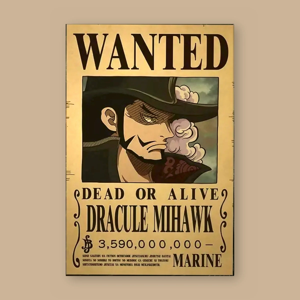 Affiche One Piece WANTED de Dracule Mihawk à plat : papier kraft, titre WANTED, portrait du personnage, mention DEAD OR ALIVE et prime de 3 590 000 000 berrys
