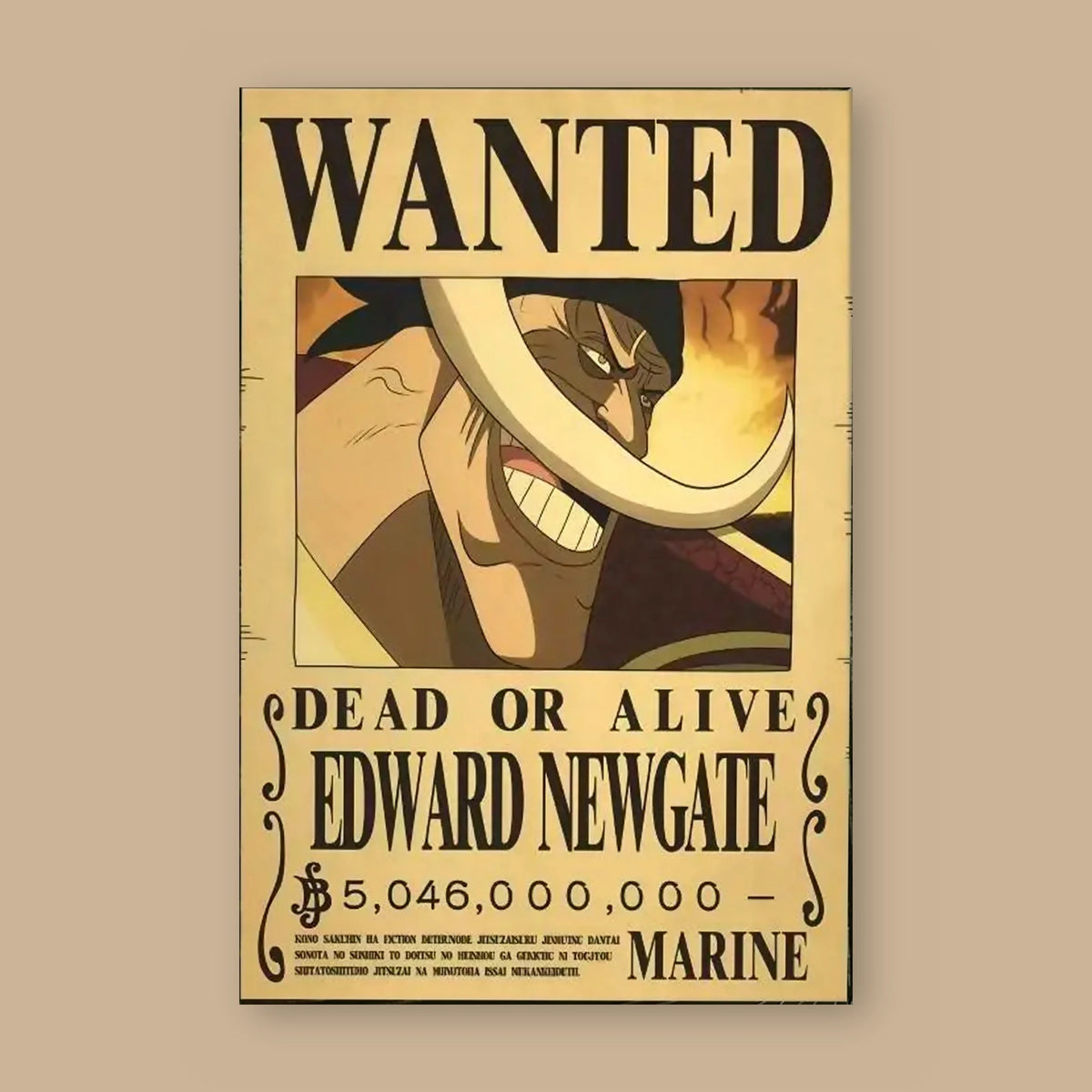 Affiche One Piece WANTED de Edward Newgate à plat : papier kraft, titre WANTED, portrait du personnage, mention DEAD OR ALIVE et prime de 5 046 000 000 berrys