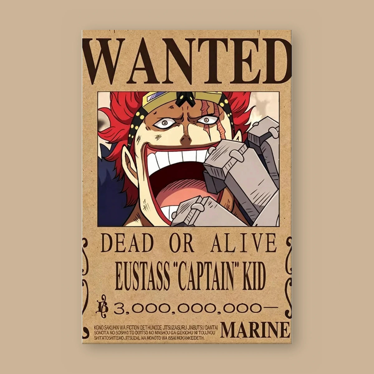 Affiche One Piece WANTED de Eustass Kid à plat : papier kraft, titre WANTED, portrait du personnage, mention DEAD OR ALIVE et prime de 3 000 000 000 berrys