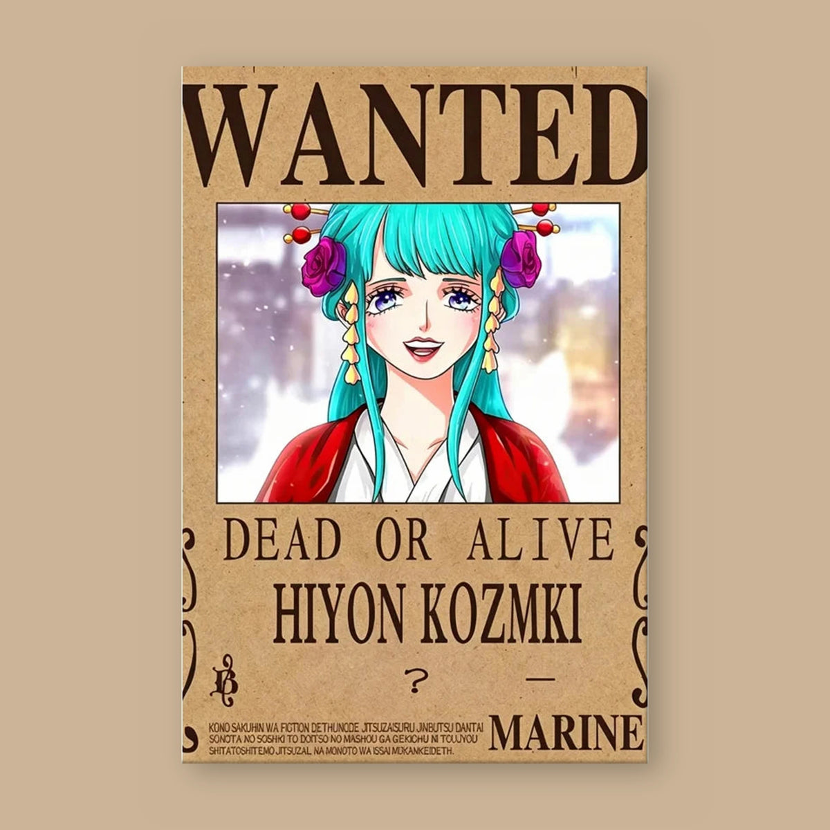 Affiche One Piece WANTED de Hiyori Kozuki à plat : papier kraft, titre WANTED, portrait du personnage, mention DEAD OR ALIVE et prime masquée d'un point d'interrogation