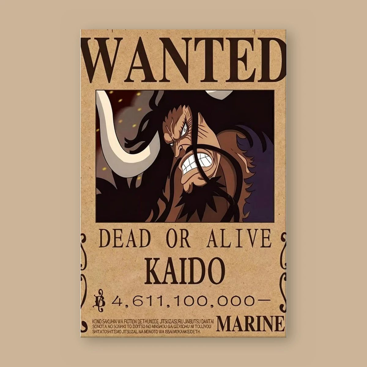 Affiche One Piece WANTED de Kaido à plat : papier kraft, titre WANTED, portrait du personnage, mention DEAD OR ALIVE et prime de 4 611 100 000 berrys