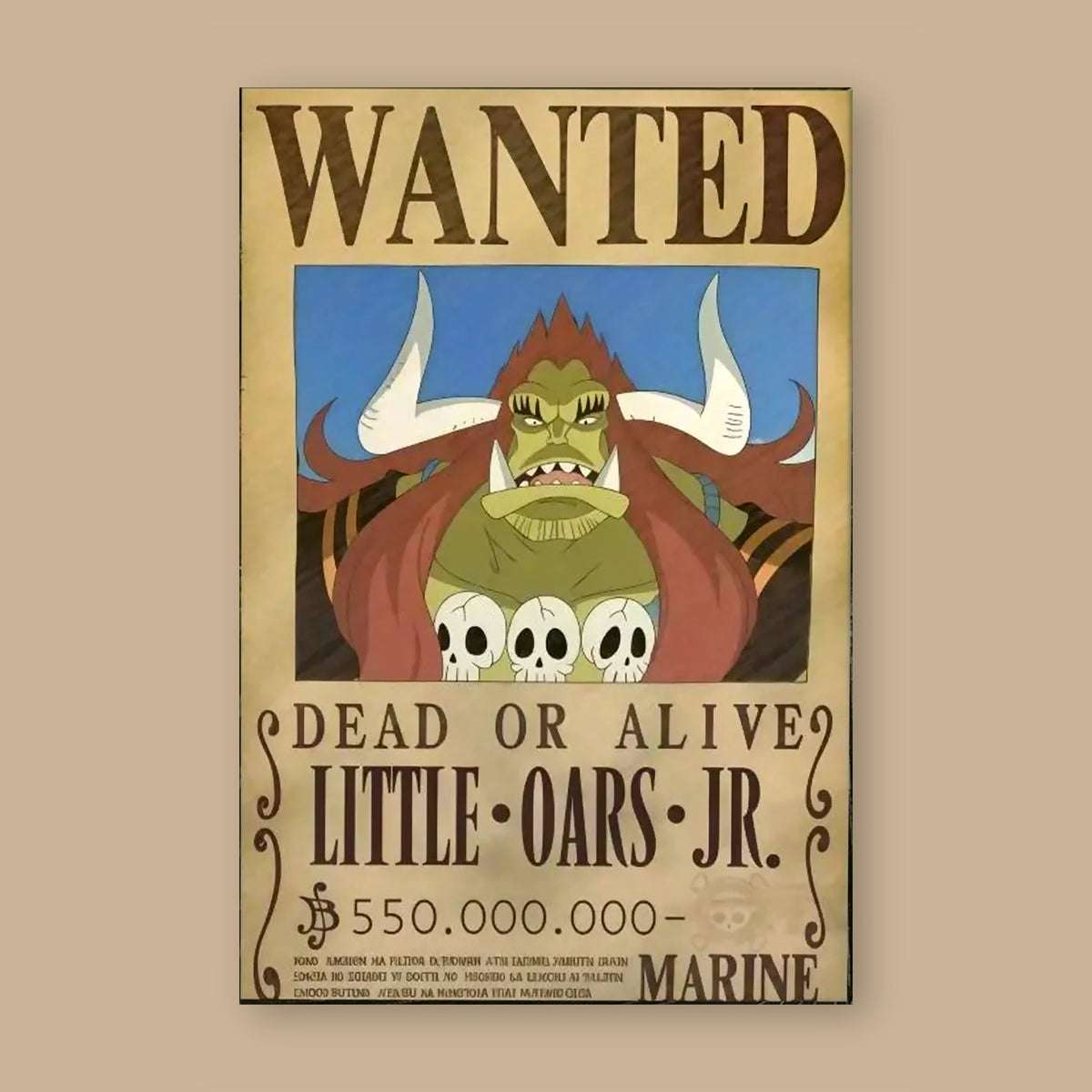 Affiche One Piece WANTED de Little Oars Jr. à plat : papier kraft, titre WANTED, portrait du personnage, mention DEAD OR ALIVE et prime de 550 000 000 berrys