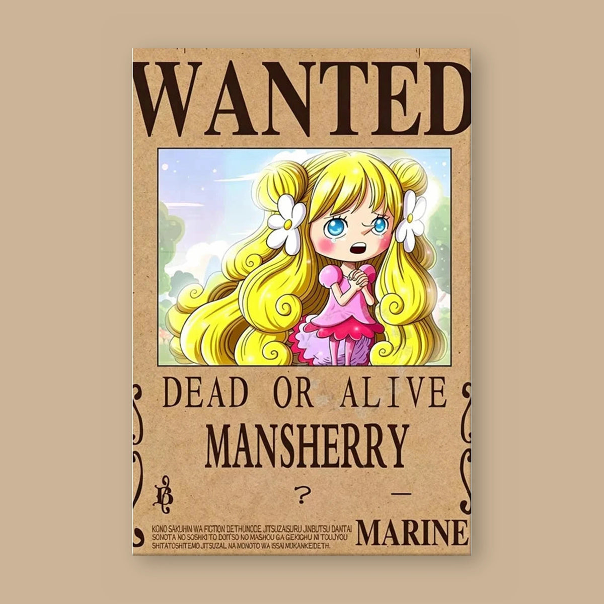 Affiche One Piece WANTED de Mansherry à plat : papier kraft, titre WANTED, portrait du personnage, mention DEAD OR ALIVE et prime masquée d'un point d'interrogation