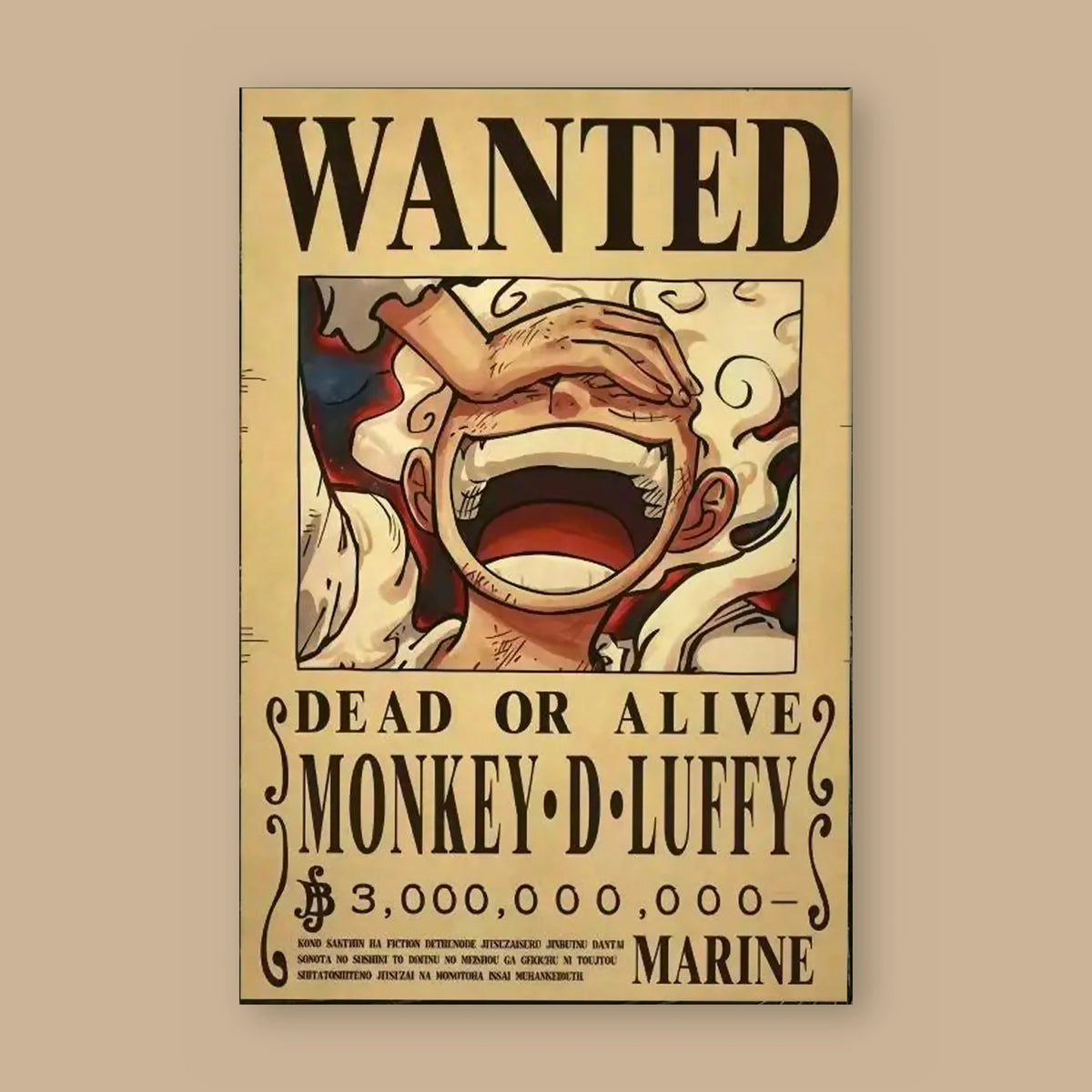 Affiche One Piece WANTED de Monkey D. Luffy à plat : papier kraft, titre WANTED, portrait du personnage, mention DEAD OR ALIVE et prime de 3 000 000 000 berrys