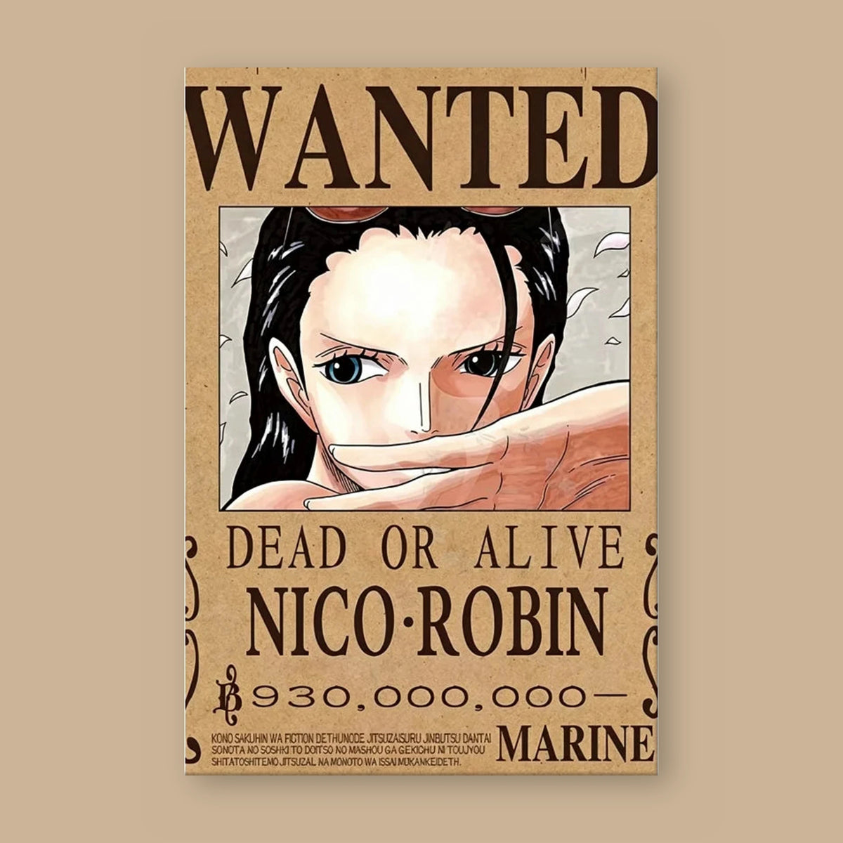 Affiche One Piece WANTED de Nico Robin à plat : papier kraft, titre WANTED, portrait du personnage, mention DEAD OR ALIVE et prime de 930 000 000 berrys