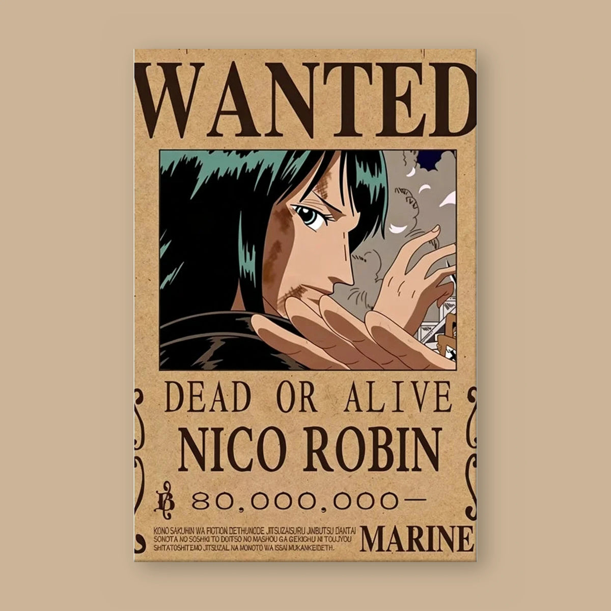 Affiche One Piece WANTED de Nico Robin à plat : papier kraft, titre WANTED, portrait du personnage, mention DEAD OR ALIVE et prime de 80 000 000 berrys