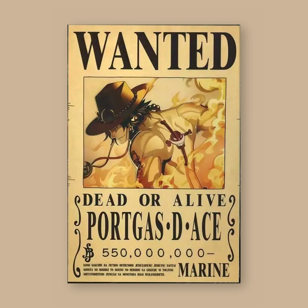 Affiche One Piece WANTED de Portgas D. Ace à plat : papier kraft, titre WANTED, portrait du personnage, mention DEAD OR ALIVE et prime de 550 000 000 berrys