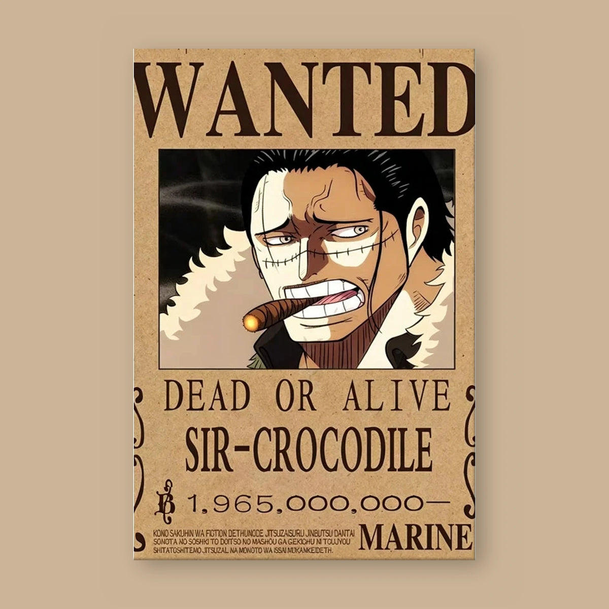 Affiche One Piece WANTED de Sir Crocodile à plat : papier kraft, titre WANTED, portrait du personnage, mention DEAD OR ALIVE et prime de 1 965 000 000 berrys