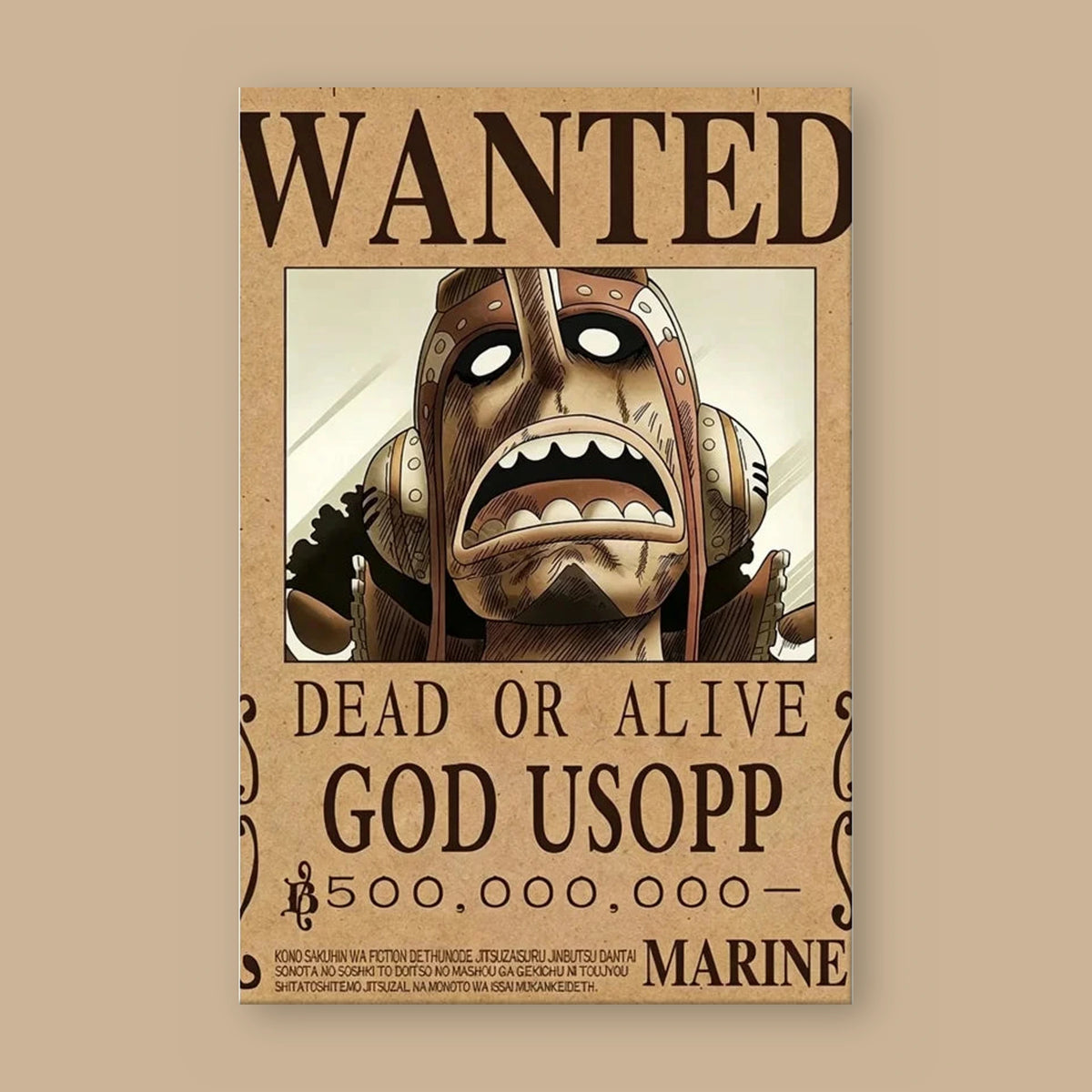 Affiche One Piece WANTED de Usopp à plat : papier kraft, titre WANTED, portrait du personnage, mention DEAD OR ALIVE et prime de 500 000 000 berrys