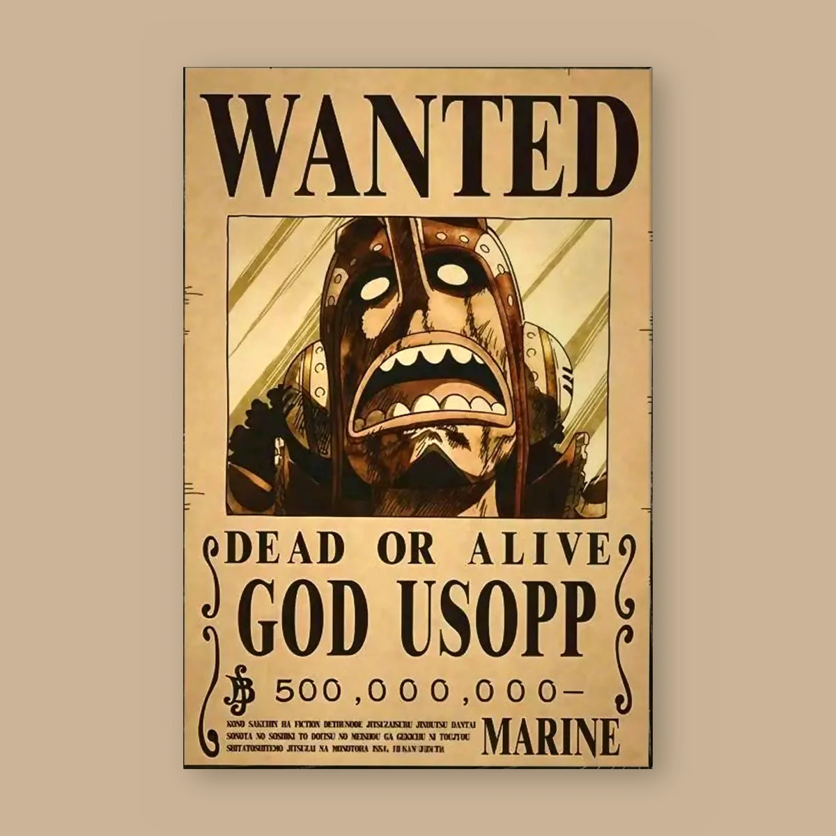Affiche One Piece WANTED de Usopp à plat : papier kraft, titre WANTED, portrait du personnage, mention DEAD OR ALIVE et prime de 500 000 000 berrys