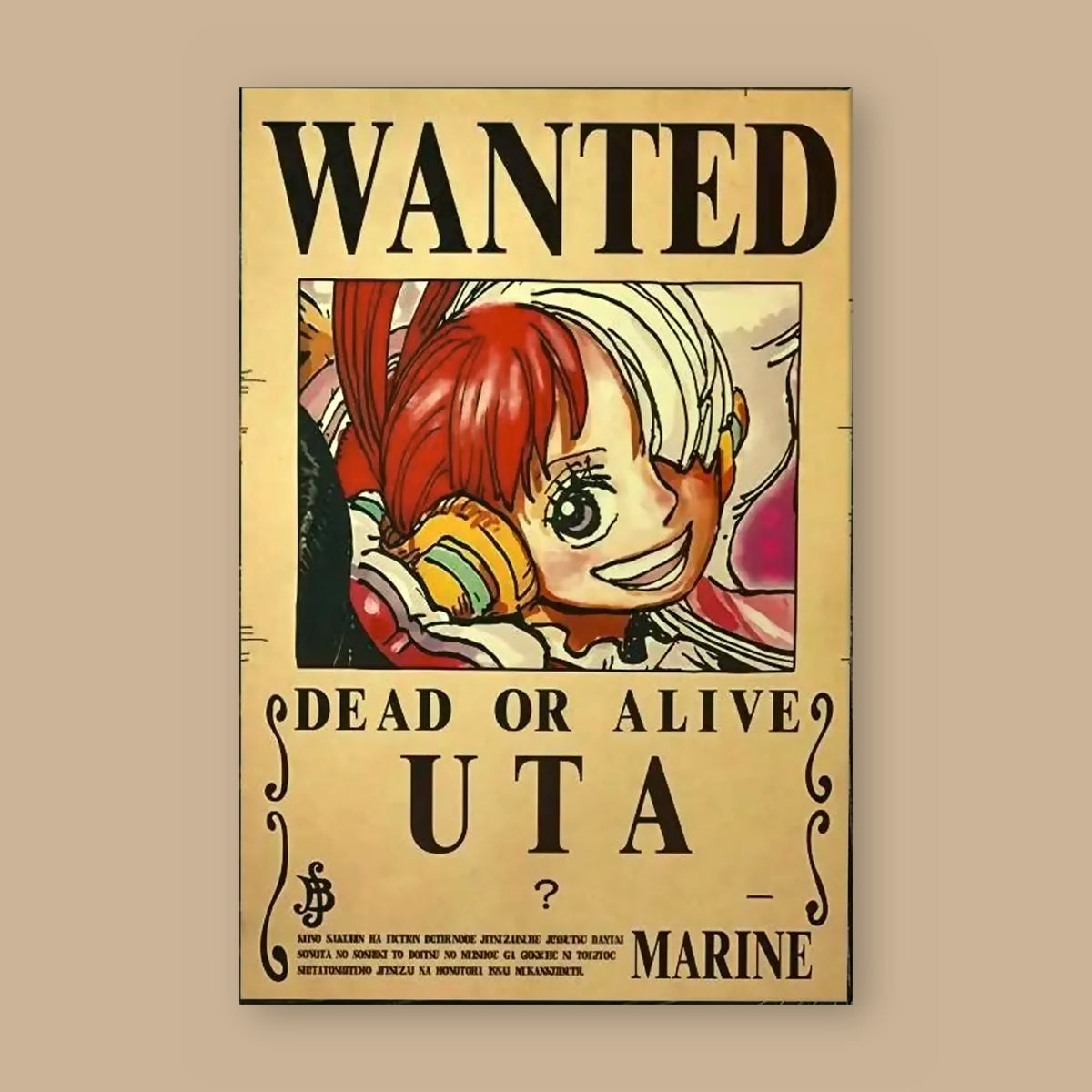 Affiche One Piece WANTED de Uta à plat : papier kraft, titre WANTED, portrait du personnage, mention DEAD OR ALIVE et prime de prime masquée d'un point d'interrogation
