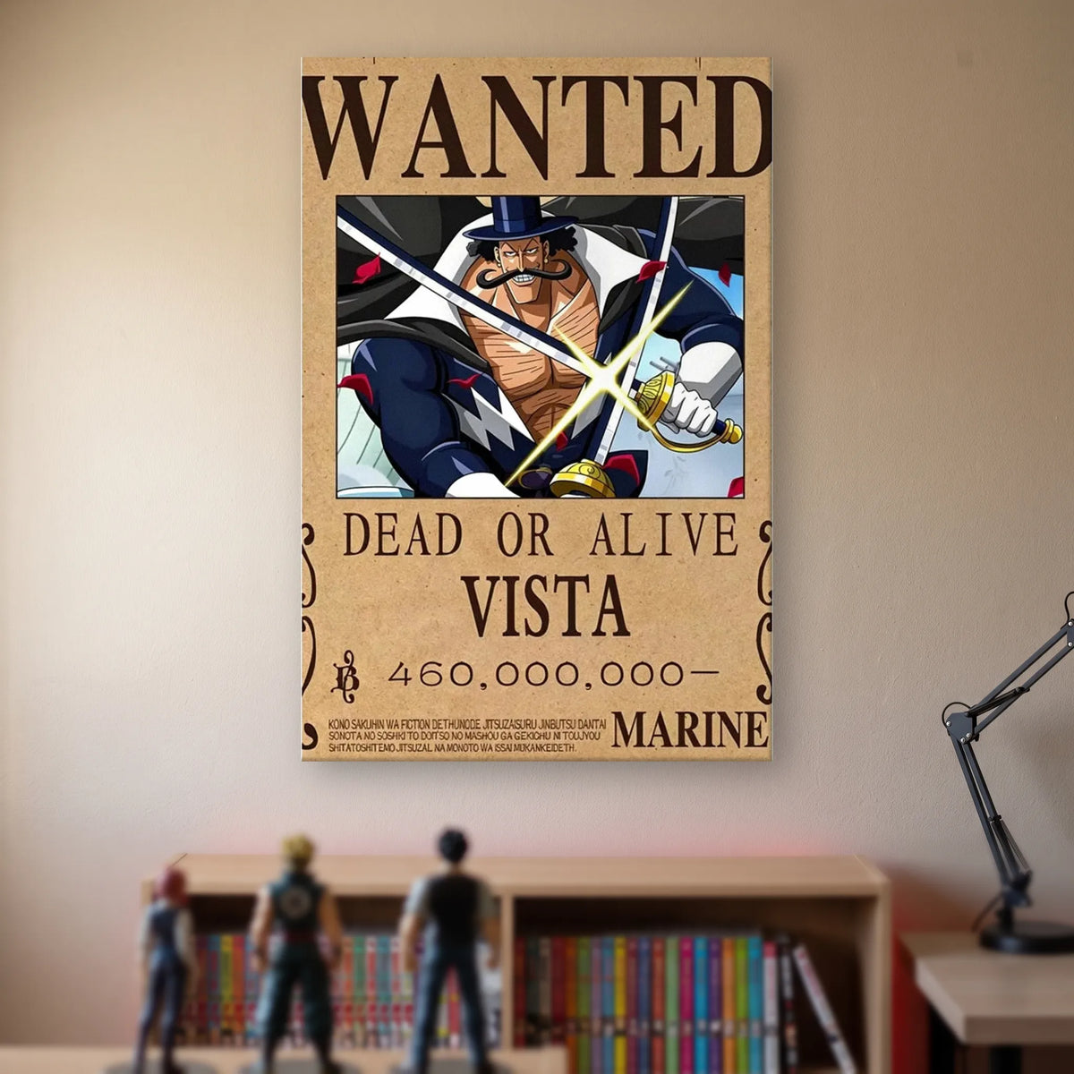 Affiche One Piece WANTED de Vista, prime de 460 000 000 berrys, accrochée sans cadre sur le mur beige d'une chambre, au-dessus d'une étagère de tomes de manga et de figurines
