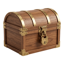 Coffre en bois fermé, cerclé de laiton, cadenas accroché, détouré