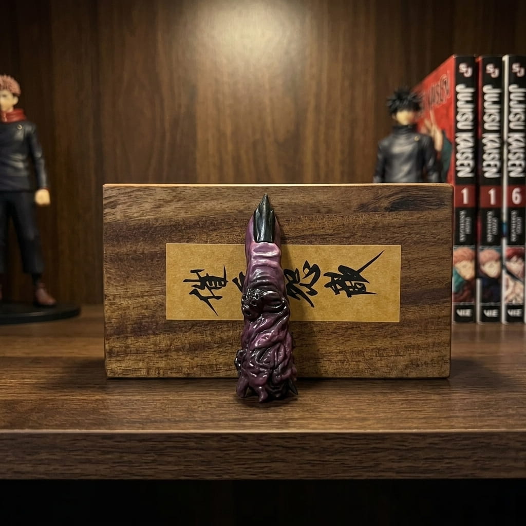 Réplique du doigt de Sukuna dressée devant une planche de bois à étiquette de papier calligraphiée, sur une étagère avec deux figurines et des tomes de Jujutsu Kaisen (décor non inclus)