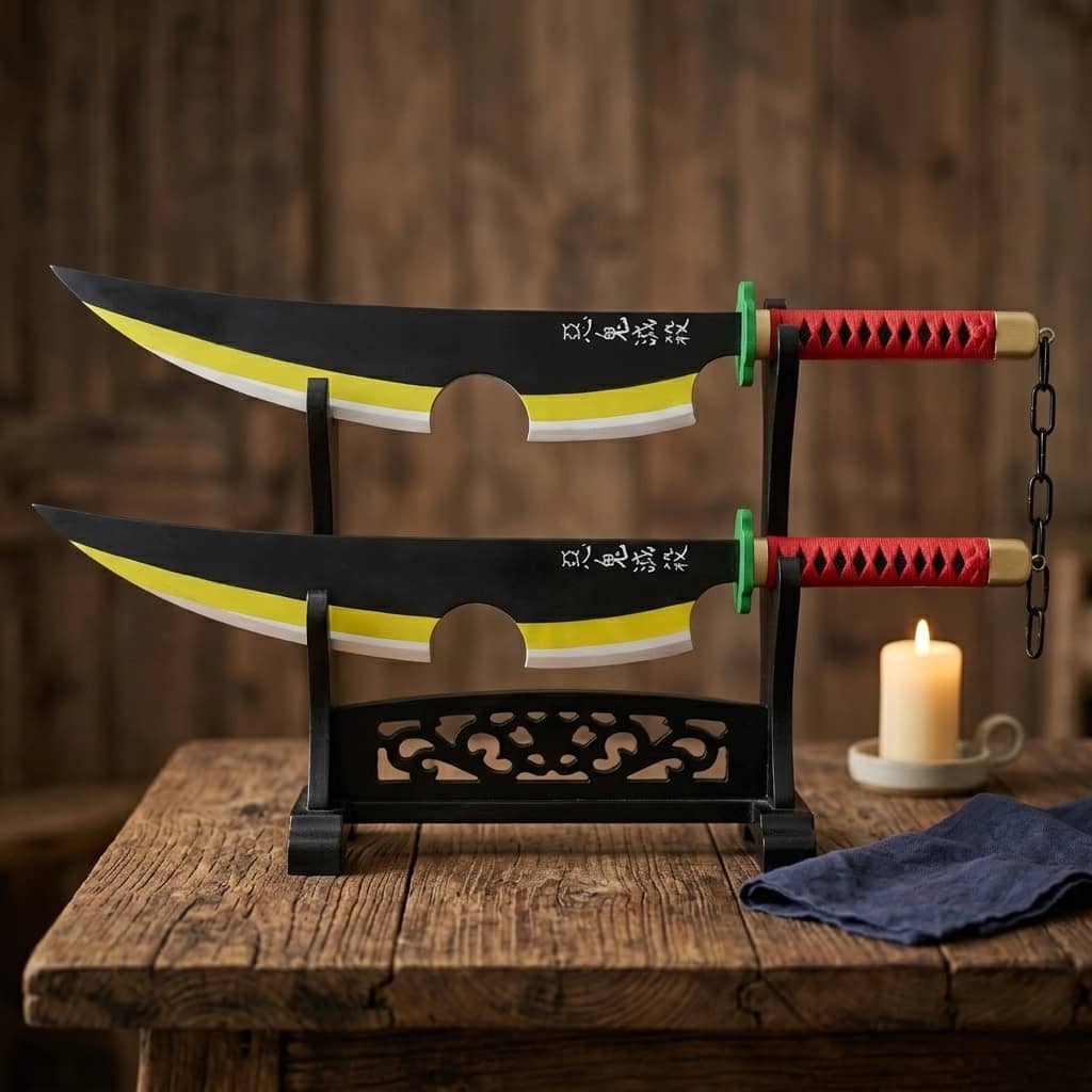 Katana Tengen Uzui Demon Slayer posé à l'horizontale sur un présentoir (support non inclus)