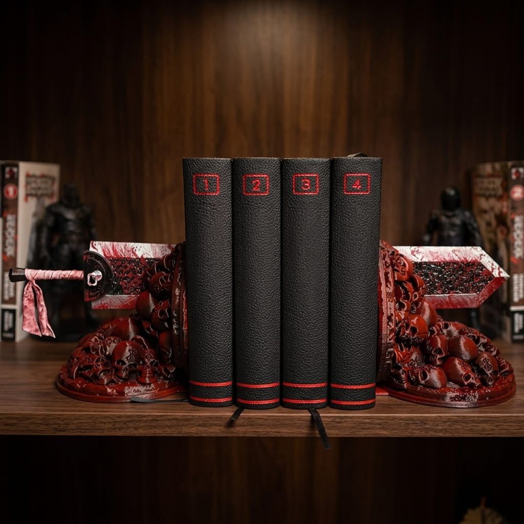 Serre-livres Berserk en résine, lame de Dragon Slayer éclaboussée de rouge sur des crânes sombres, tenant quatre livres noirs sur une étagère (livres et décor non inclus)