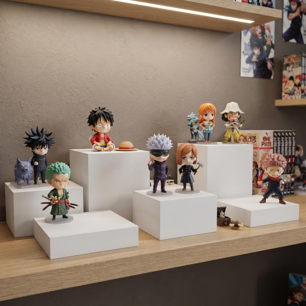 Six socles cubes blancs de hauteurs différentes étageant des figurines chibi sur une étagère en bois