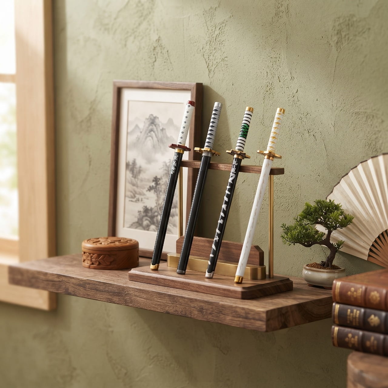 Stylos katana Demon Slayer présentés sur un support en bois, devant une estampe encadrée