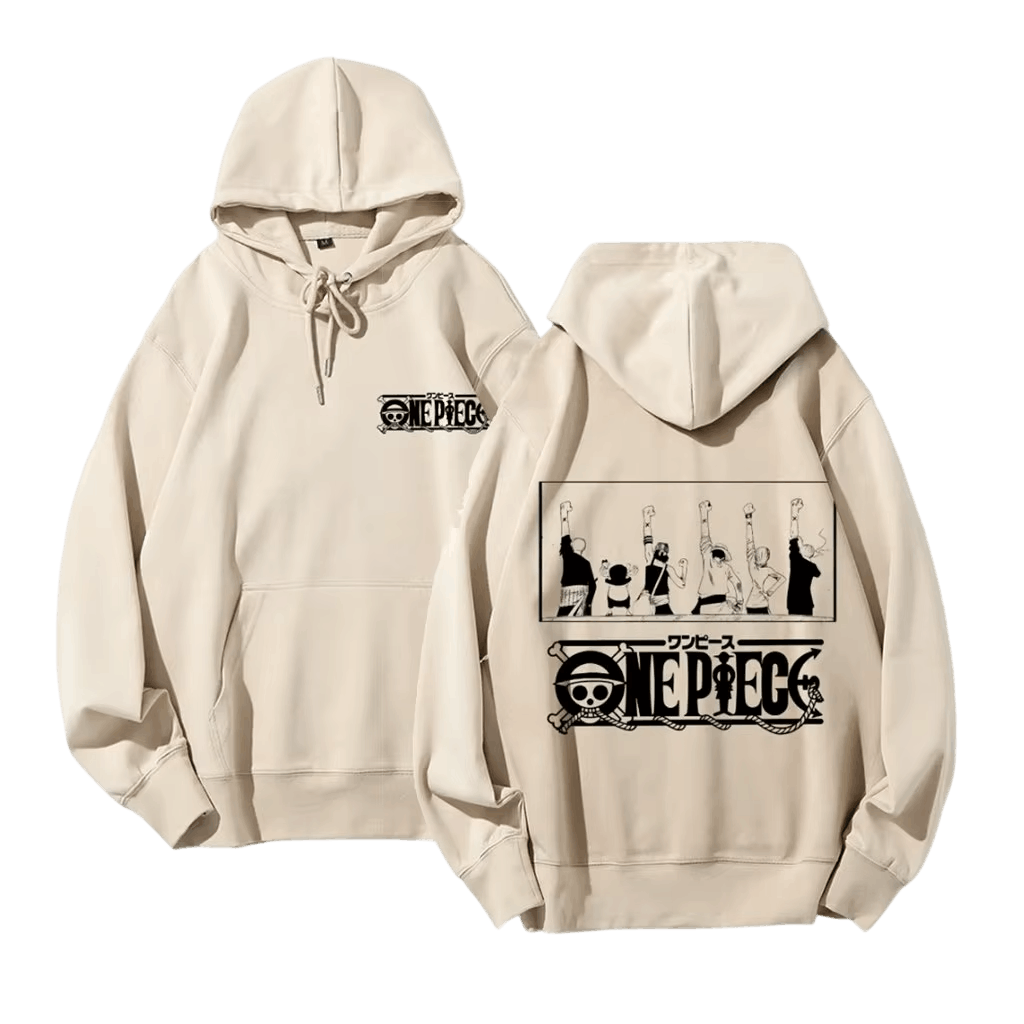 Beige One Piece hoodie, front and back: logo on the chest, the Straw Hat crew with arms raised and a large logo on the back