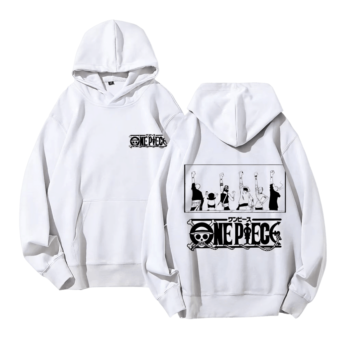 White One Piece hoodie, front and back: logo on the chest, the Straw Hat crew with arms raised and a large logo on the back