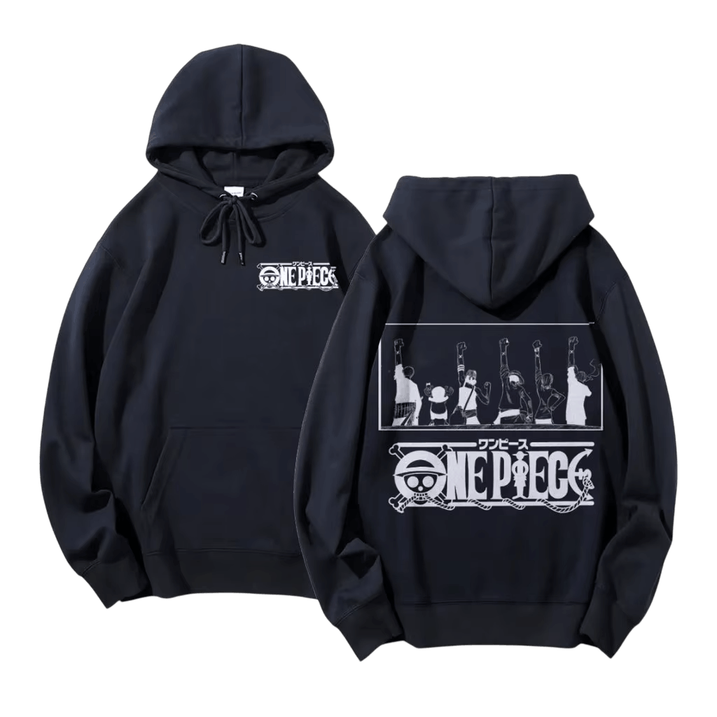 Navy blue One Piece hoodie, front and back: logo on the chest, the Straw Hat crew with arms raised and a large logo on the back